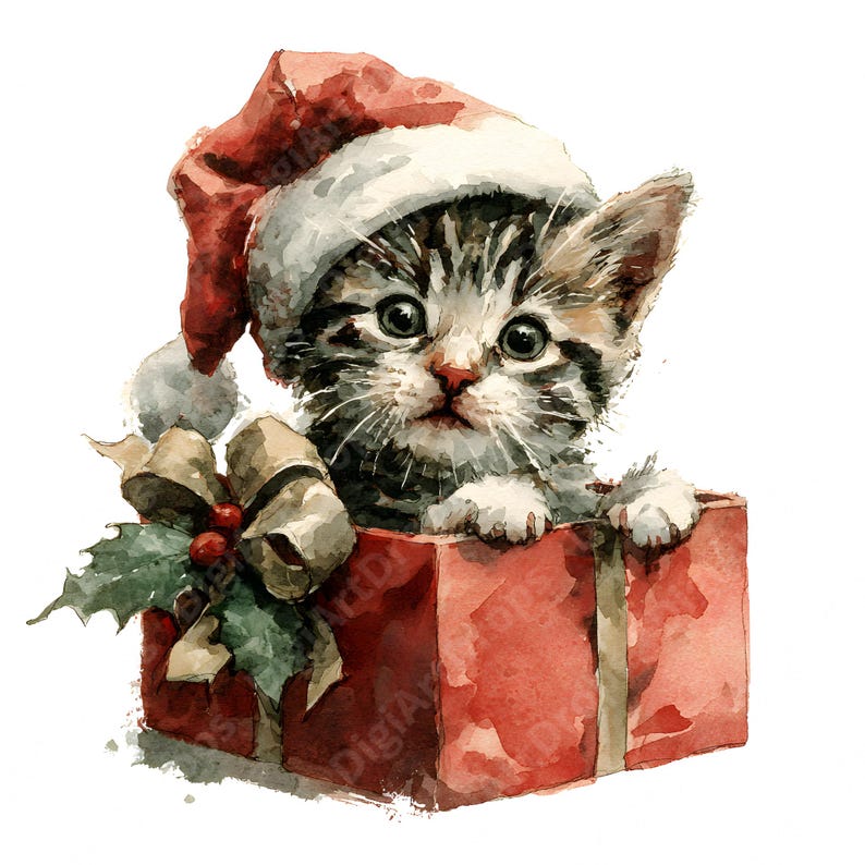 Christmas Clipartten Clipart: Watercolor Cat in Gift Box (digital ...