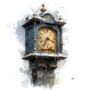 Könnte beinhalten: Aquarellmalerei einer Vintage-Außenuhr. Die Uhr hat einen blauen Rahmen mit goldenen Akzenten und ein verwittertes, antikes Aussehen. Das Zifferblatt zeigt römische Ziffern. Schnee und Eiszapfen sind sichtbar.