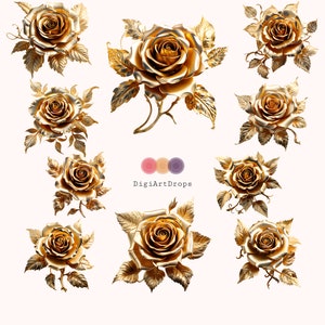 Gold Roses Clipart High Quality PNG Digital Download Commercial Use Luxurious Floral Clipart for Invitations Crafts Decor Wedding Art