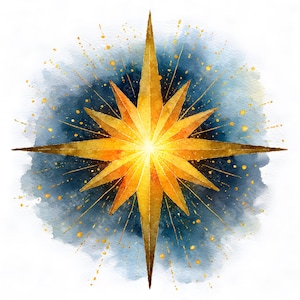 Puede incluir: Ilustración en acuarela de una estrella dorada de ocho puntas, irradiando luz. La estrella está sobre un fondo de acuarela azul y blanco con motas doradas, creando un diseño celestial y festivo. Ideal para decoración navideña o temas espirituales.