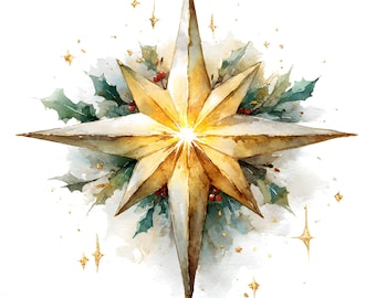 May include: Watercolor illustration of a golden star with eight points, surrounded by green holly leaves and red berries. The star has a bright, glowing center and is accented with gold flecks, perfect for holiday decor.