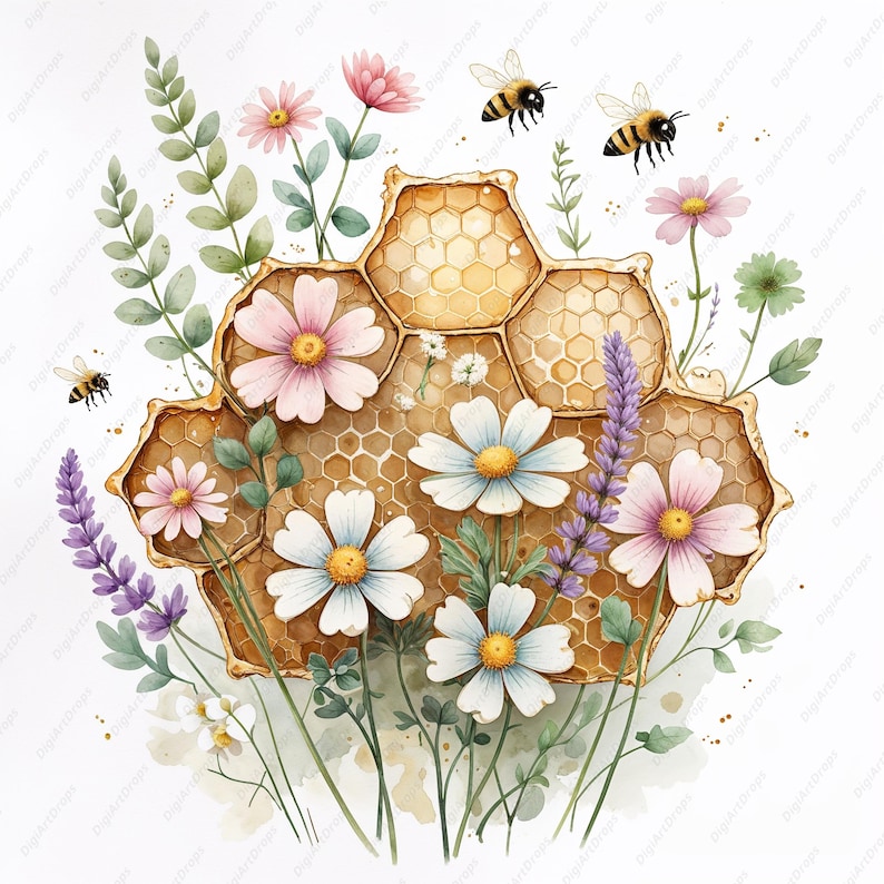 Honeycomb Clipart, Floral Bee Jpgs, Vintage Honey Art, Spring Flowers ...