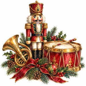 Puede incluir: Una figura decorativa de cascanueces con uniforme rojo y dorado se encuentra junto a una trompa dorada y un tambor rojo con dos baquetas. El arreglo incluye ramas de pino verdes, piñas, bayas de acebo rojas y una cinta roja.