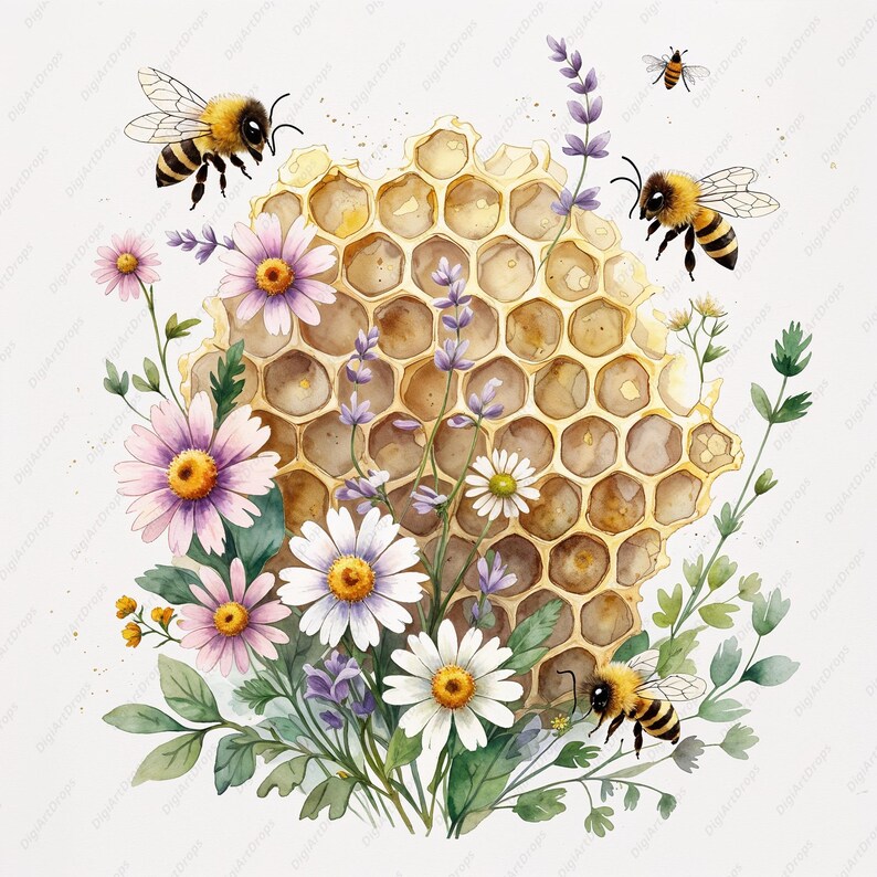 Honeycomb Clipart, Floral Bee Jpgs, Vintage Honey Art, Spring Flowers ...