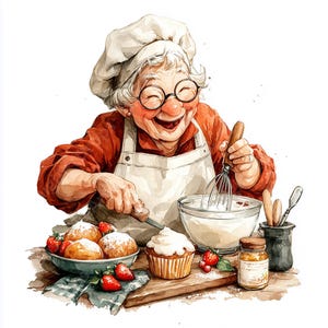 May include: Watercolor illustration of a smiling baker wearing a chef's hat and apron, whisking ingredients in a bowl. A cupcake, bowl of pastries, strawberries, and a jar of jam are on a wooden board.