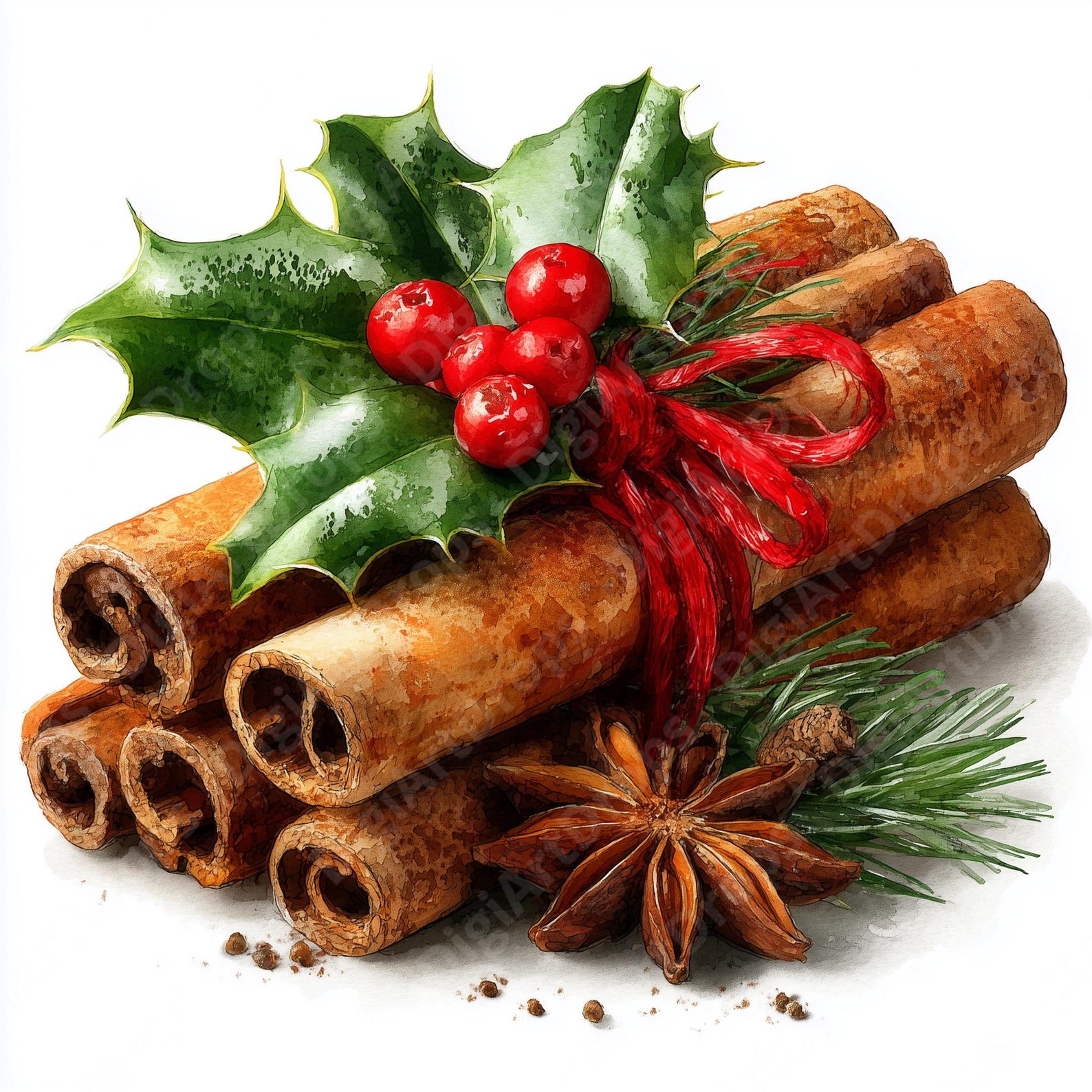 Spises Ribbon Cinnamon Sticks Clipart: Christmas Watercolor Spices With Holly ...