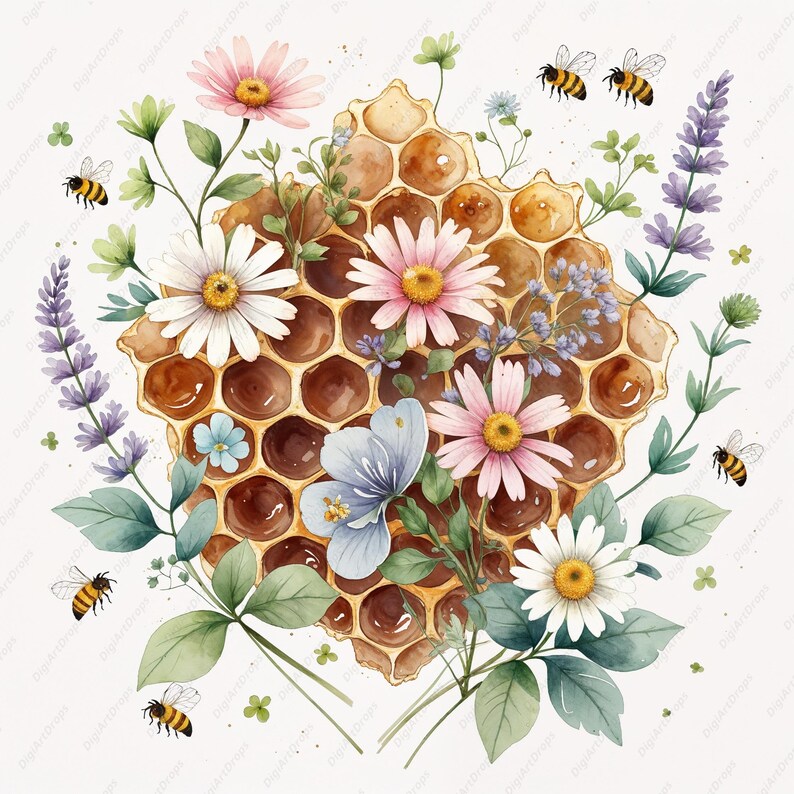 Honeycomb Clipart, Floral Bee Jpgs, Vintage Honey Art, Spring Flowers ...