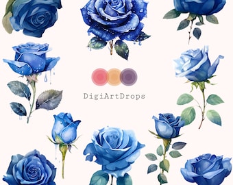 Watercolor Royal Blue Roses Clipart: AI Floral PNG (Digital Download)