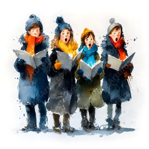 Può includere: Illustrazione ad acquerello di quattro bambini che cantano canti natalizi in inverno. Indossano cappotti invernali, cappelli e sciarpe blu, gialle e arancioni. Ogni bambino tiene in mano un libro aperto, cantando a bocca aperta. Il terreno è innevato.