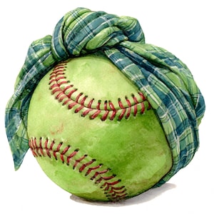 May include: A watercolor illustration of a softball with red stitching, wrapped in a green and blue plaid fabric. The softball is a light green color, and the fabric is knotted on top.