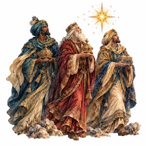 Op de afbeelding: Drie figuren in versierde, gelaagde gewaden en hoofddeksels staan bij elkaar, elk met een decoratief gouden vat. Ze kijken omhoog naar een heldere, veelpuntige ster. De figuren zijn gekleed in donkerblauwe, rode en beige stoffen met gouden randen.