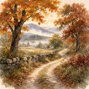 May include: A watercolor painting of a winding dirt path leading through a landscape in autumn. Large trees with orange and red foliage frame the scene, while a dry stone wall runs along the left side. Misty mountains are visible in the distance.