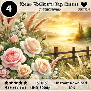Clipart de rosas boho para o Dia das Mães - 4 JPGs em alta qualidade, álbum de recortes, planejador digital, sublimação, arte de parede, criação de cartões, papel digital, diário de recortes