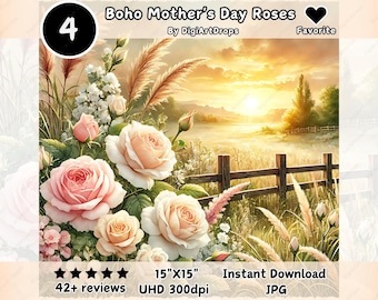 Boho Mother's Day Roses Clipart: Watercolor Floral JPGs (Digital Download)