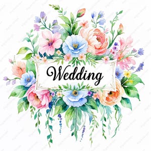 ガーデンウェディングのための気まぐれな水彩画の結婚式招待状 10 JPG - 花の紋章のクリップアートセット