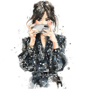May include: Watercolour illustration of a person holding a smartphone, taking a photo. The person is wearing a black jacket with white and silver accents. The artwork has a loose, painterly style with watercolour splatters.