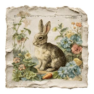 Peut inclure: Illustration de style vintage d'un lapin assis au milieu de fleurs colorées et de feuillage. Le lapin est brun et blanc, avec de longues oreilles et une expression curieuse. Une petite carotte orange est posée près du lapin. L'œuvre est sur papier texturé.