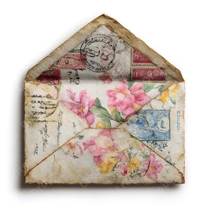 Könnte beinhalten: Geöffneter Vintage-Umschlag mit floralen und Briefmarken-Details. Das Innere zeigt rosa und gelbe Blumen. Der Umschlag hat ein abgenutztes, gealtertes Aussehen mit sichtbarer Handschrift und Briefmarken.