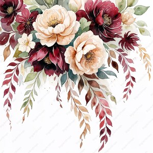 Può includere: Dipinto ad acquerello di un bouquet di fiori con fiori bianchi e bordeaux e foglie verdi. I fiori sono disposti a cascata, con i fiori bianchi in alto e i fiori bordeaux in basso.