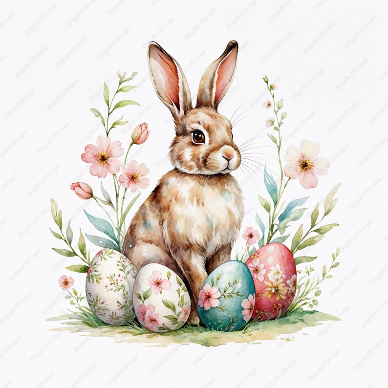 Vintage Easter Bunny Clipart: Retro Floral Eggs Bundle (digital ...