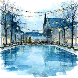 May include: A watercolour painting depicting a winter scene with an ice rink. Buildings are on either side of the rink, with fairy lights strung above. Bare trees and Christmas trees enhance the festive atmosphere. Snow is falling.