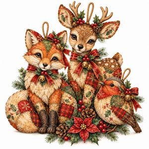 Könnte beinhalten: Ein dekoratives Ornament mit einem Fuchs, einem Reh und einem Rotkehlchen im Patchwork-Stil. Jedes Tier ist mit roten Schleifen, goldenen Glöckchen, Stechpalmenblättern und Beeren verziert. Das Design umfasst Tannenzweige, Tannenzapfen und einen roten Weihnachtsstern.