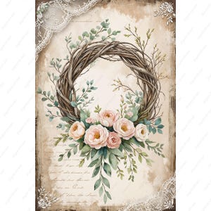 Junk Journal Kraft Wildflowers Printable – Cartão ATC de guirlanda de Páscoa rústica, Decoupage de fazenda vintage com elementos naturais