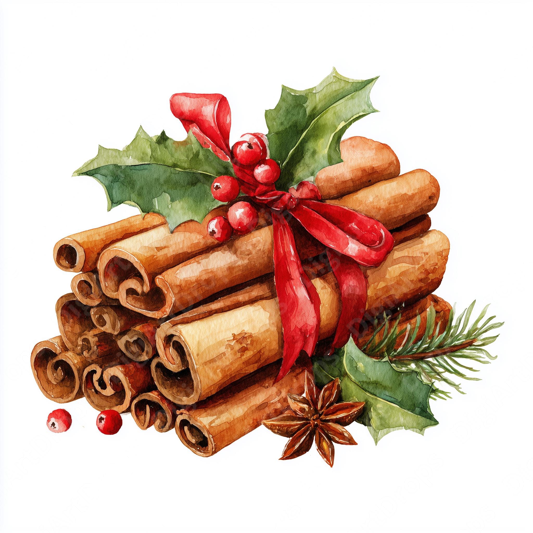 Spises Ribbon Cinnamon Sticks Clipart: Christmas Watercolor Spices With Holly ...