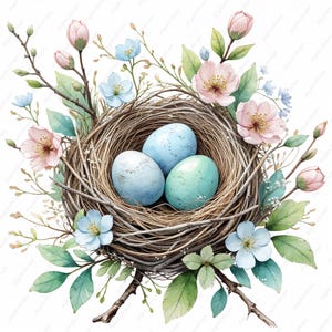 Imágenes prediseñadas de nido de petirrojo, imágenes florales primaverales en formato JPG, arte con huevos azules, diseño para baby shower, uso comercial, manualidades de papel, scrapbooking, diario basura