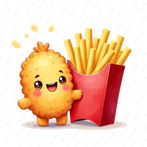 Raccolta di clipart kawaii carine, bocconcini di pollo e patatine fritte, fast food, feste per bambini, uso commerciale, lavoretti di carta, scrapbooking, diario di scarto
