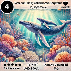 Ocean Mom and Baby Whale and Dolphin - 4 HQ JPG, Scrapbook, Digital Planner, Sublimation, Wall Art, Card Making, Digital Paper, Junk Journal
