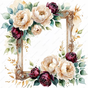 Eleganta vintageblommor för bröllopsinbjudningar 10 JPG-bilder - Vinröd och krämfärgad akvarell clipartdesign