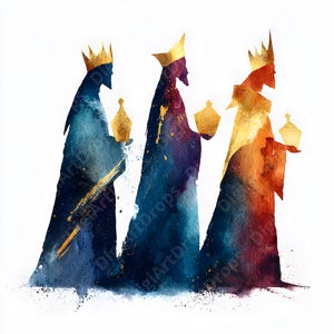 Könnte beinhalten: Aquarellillustration von drei Figuren in Gewändern, die jeweils eine goldene Krone tragen und ein goldenes Gefäß halten. Die Figuren sind in Blau-, Lila- und Orangetönen mit goldenen Akzenten gehalten, vor einem weißen Hintergrund. Das Bild vermittelt Spiritualität.