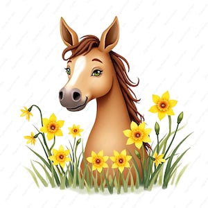 Clipart JPG de cheval de campagne, jonquilles des animaux de la ferme, décoration de ferme printanière rustique, usage commercial, travaux manuels en papier, scrapbooking, journal indésirable