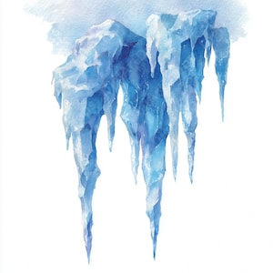 Puede incluir: Pintura de acuarela de varios carámbanos azules y blancos colgando de una superficie nevada. Los carámbanos tienen una cualidad translúcida, con diferentes tonos de azul y blanco, sobre un fondo blanco.
