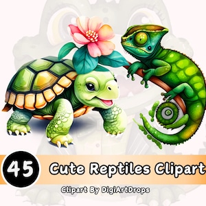 Cute Watercolor Reptiles Clipart Bundle, Junk Journals, Paper Crafts, Digital Download, High Quality png, Watercolor Reptile, Commercial Use