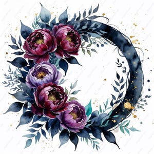 May include: Watercolor wreath with dark blue leaves and burgundy and purple peonies. The wreath is painted on a white background with gold splatters.