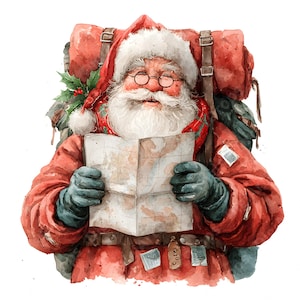 May include: Watercolor illustration of Santa Claus wearing a red coat, hat, and gloves, with a backpack. He is holding and looking at a map. The image has a festive Christmas theme, with holly and berries on the backpack.