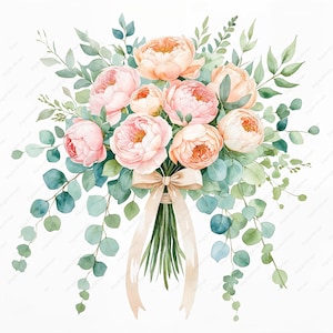Boho Aquarell Blumen Clipart Bundle - 10er Set Blush Pink Rose Bilder - Eukalyptus, Pfingstrosen - Digitales Hochzeitsdesign