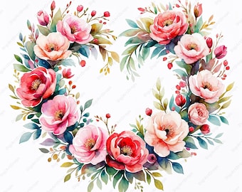 Floral Heart Wreath Clipart: Watercolor Flower Designs (Digital Download)