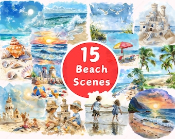 Sunny Beach Watercolor Clipart: Sandcastles & Seashells (PNG, Commercial Use)