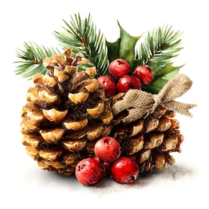 Pode incluir: Ilustração em aquarela de um arranjo de Natal. Apresenta dois pinhas, bagas vermelhas, folhas verdes de azevinho e agulhas de pinheiro. Um laço rústico de serapilheira completa o design. Ideal para decorações e artesanato de Natal.