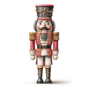 Könnte beinhalten: Aquarellillustration eines traditionellen Nussknacker-Soldaten. Die Figur trägt einen roten Mantel mit goldenen Verzierungen, einen schwarzen Hut und schwarze Stiefel. Der Nussknacker hat einen grauen Bart und Schnurrbart und ist eine klassische Weihnachtsdekoration.