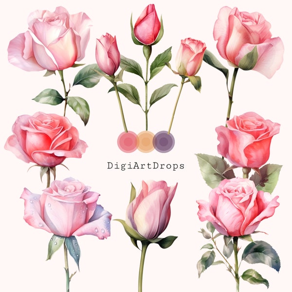 Delicate Pink Rose Bud Clipart: Romantic Watercolor Flowers for Weddings & Bouquets | DIGI_0012