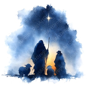 May include: Watercolor illustration depicting the Nativity scene. Silhouettes of shepherds and sheep are under a starry night sky, with a bright star shining above. The artwork uses shades of blue and gold.