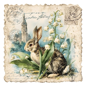May include: Vintage-style illustration of a rabbit with brown and white fur, nestled among lily of the valley flowers. The artwork features a church in the background and is set on a textured, aged paper with postage stamps and script.