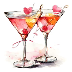 Op de afbeelding: Waterverfillustratie van twee roze cocktails in martiniglazen. Elk glas heeft een kers, een hartvormige garnering en een schijfje citrusvrucht. De glazen staan tegen een zachte, aquarel-achtige achtergrond met roze tinten.