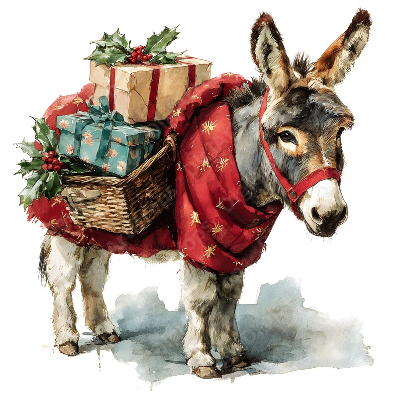 Christmas Donkey Clipart – Rustic Watercolor Holiday Art (10 Jpgs ...