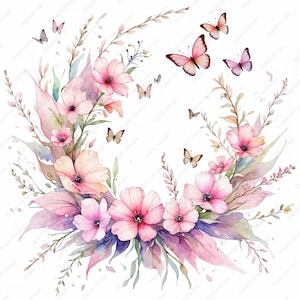 Mariposas pastel en acuarela, clipart JPG, 10 diseños con mariposas, corona de flores silvestres en colores pastel, clipart de mariposas para invitación