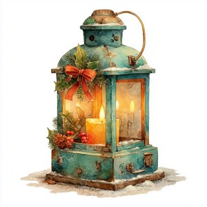 May include: A teal metal lantern with a handle, decorated with holly, a red bow, and berries. The lantern has glass panels and contains lit candles, creating a warm glow. The base is covered in snow, suggesting a winter theme.